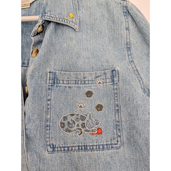 Vintage Y2K Christopher & Banks Chambray Kitty Cat Women's Medium Button Up - Picture 9 of 10